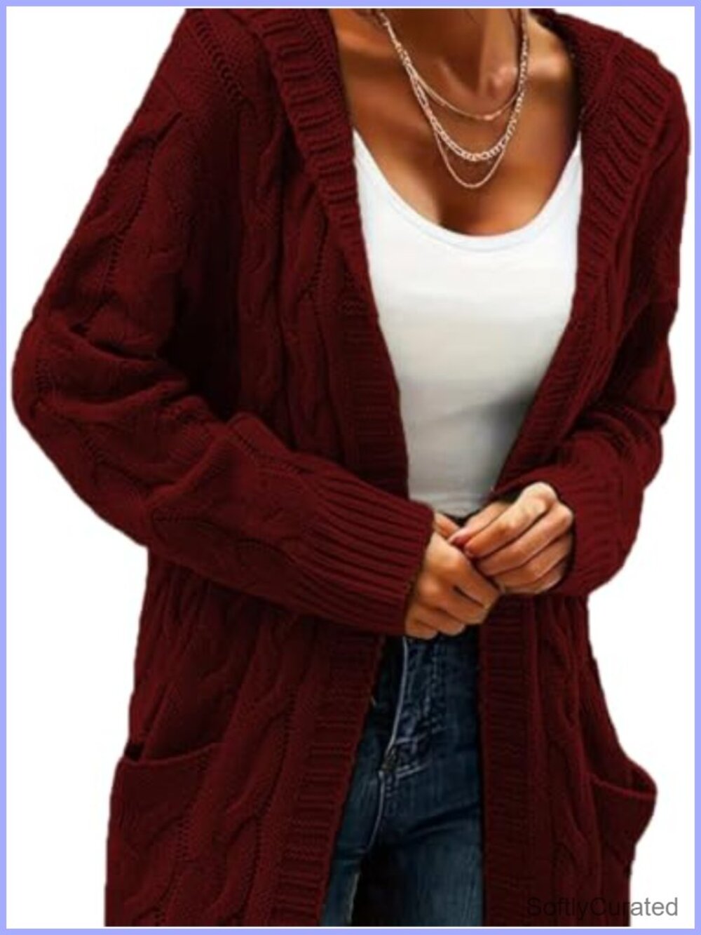 Long Cable Knit Open Front Cardigan Sweater with Pockets